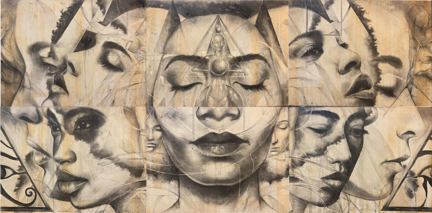 "Beauty To Abrasion" Mixed media on canvas 152cm x 306cm (6 panel Enigma)