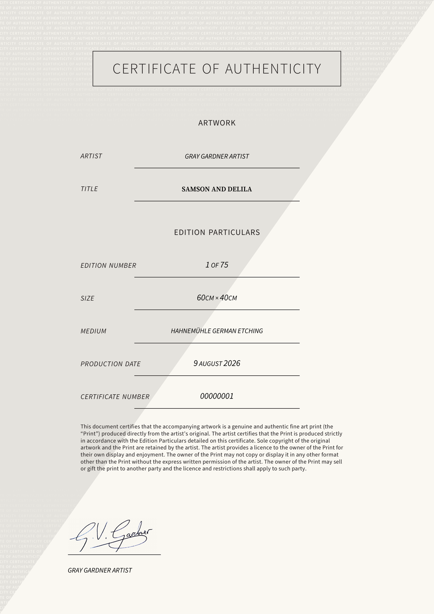 Samson and Delila — Certificate of Authenticity