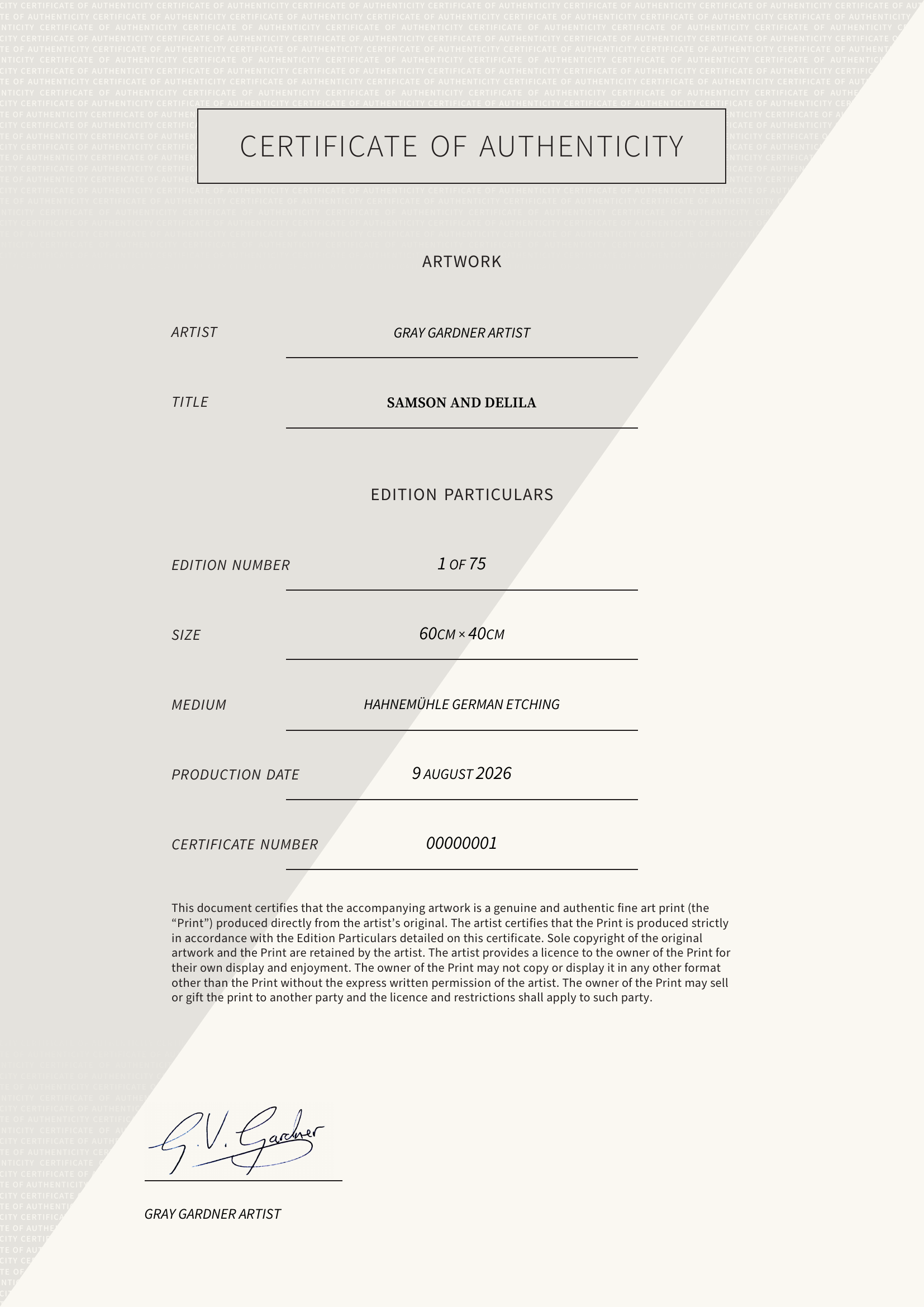 Samson and Delila — Certificate of Authenticity